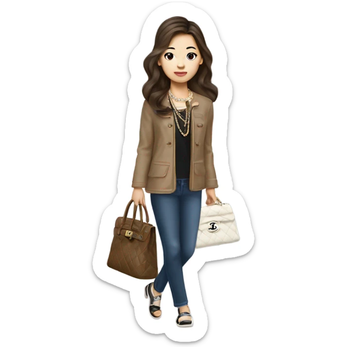 Realistic brown hair Chanel Asian Girl with Birkin bag and Chanel necklace sticker