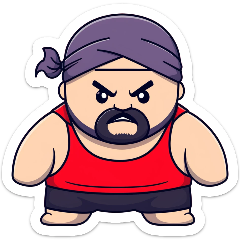 Close-up of extremely fat white skin guy with young face, prominent BLACK DURAG tied clearly on head, distinct black beard and mustache, no muscle, black eyes in a red and black wrestling singlet with angry face sticker