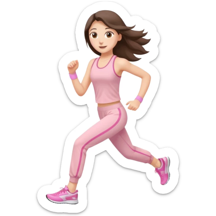 white happy brunette teen long hair with hazel eyes in light pink workout clothes jogging sticker