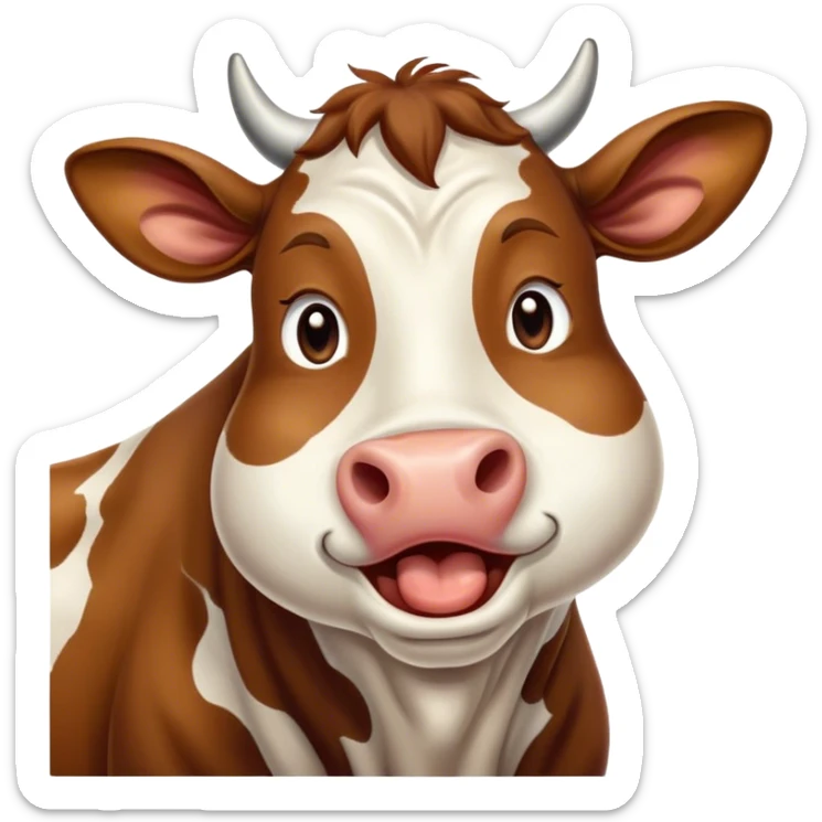 Cinematic Cute Yawning Brown and White Cow Portrait Emoji, Head tilted slightly with a dramatic, wide-open yawn, showcasing a smooth, patterned hide of brown and white, floppy ears slightly drooping, round brown eyes barely open in drowsy contentment, Simplified yet irresistibly adorable features, highly detailed, glowing with a soft, cozy glow, high shine, relaxed yet expressive, stylized with a touch of pastoral whimsy, bright and endearing, soft glowing outline, capturing the essence of a sleepy yet affectionate cow, so drowsy it feels like it could amble out of the screen and curl up for a nap! sticker