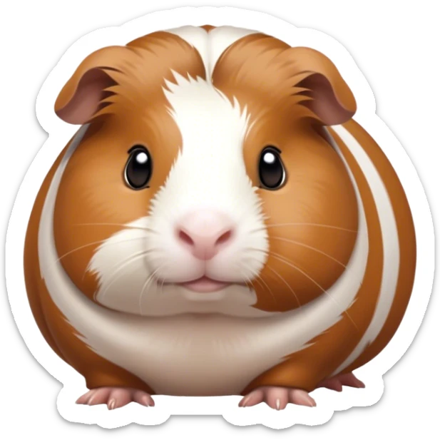 Cinematic Noble Brown and White Banded Guinea Pig Portrait Emoji, Poised and regal, with a compact, chubby build and a uniquely patterned fur of warm brown and crisp white banding, deep-set soulful dark eyes, Simplified yet sharp and sophisticated features, highly detailed, glowing with a soft, dignified glow, high shine, intelligent and charming, stylized with an air of distinctive elegance, focused and attentive, soft glowing outline, capturing the essence of a watchful and confident companion, so majestic it feels as though it could scurry out of the screen with effortless authority! sticker