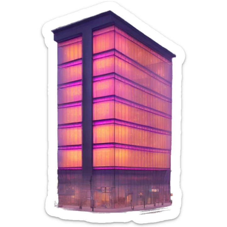 “Modern glass building with neon ‘Trendimizbir’ sign glowing brightly on the top floor. sticker