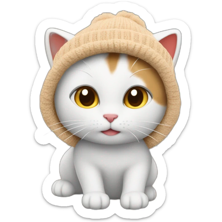 The cat in the beanie hat is red, the hat is on one side of the cat's head, the second ear is open and it is light brown, and the cat itself is white sticker