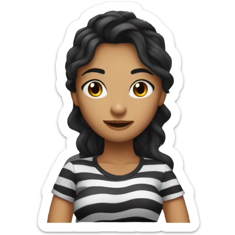woman with long wavy black hair wearing black stripy t-shirt, and black eyes sticker