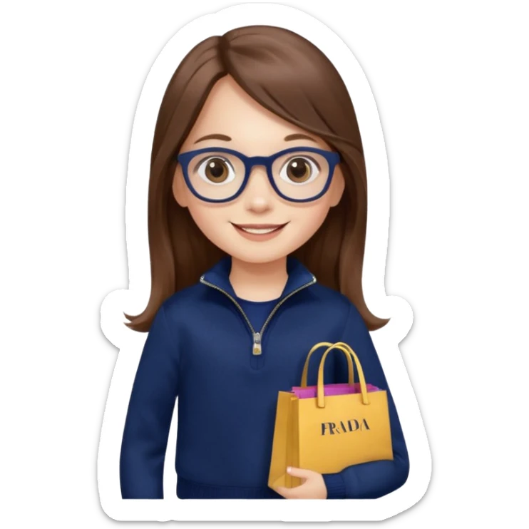 A little girl (he usually calls her baby), who is obsessed with shopping and luxury brands and holds a dozen of bags, she wears navy blue half zip sweater and holds 10 bags and she has long brown hair with Prada eyeglasses. The previous one but with eyeglasses  sticker
