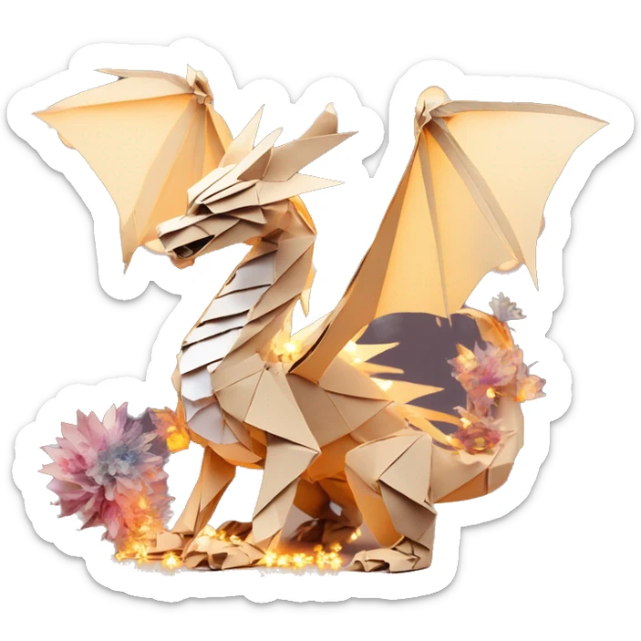 Beige Origami dragon made of newspapers on fire surrounded by fairy lights swirls covered in dried flowers bokeh library bunting floral flowers fire flames sticker