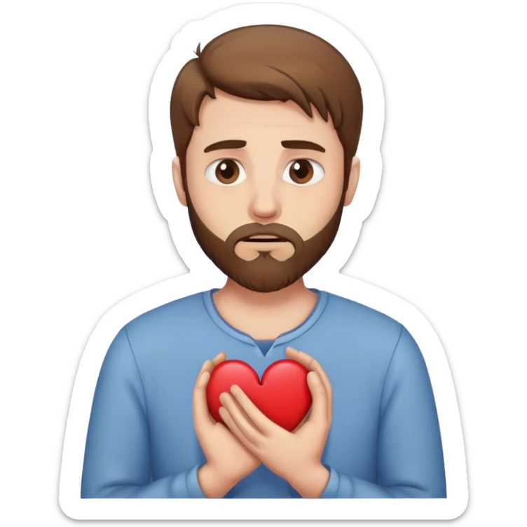 White man with brown hair and beard holding a broken heart with anxiety and begging sticker