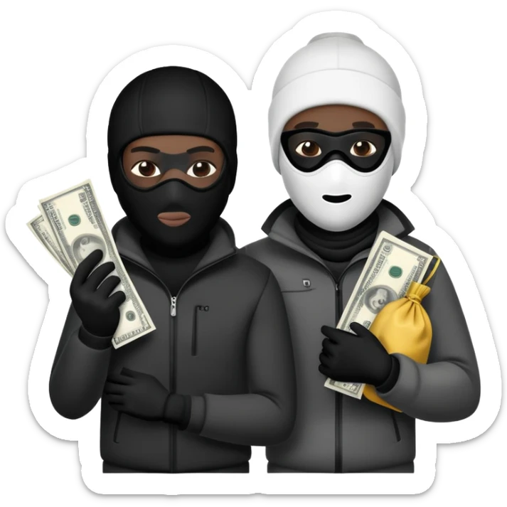 Two men one white and the other black one Ski mask holding money bag with black skin color black and white money bag sticker