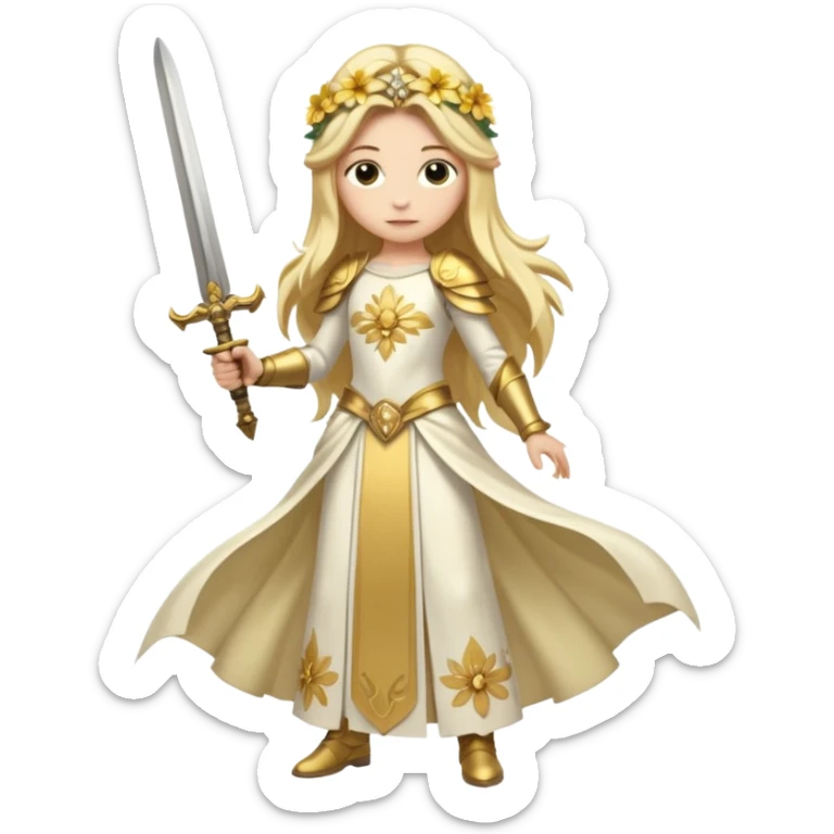 Lumine (from Genshin Impact) White and golden clothes, blonde, long-haired, with a big flower on side of head and with a sword (full body) sticker