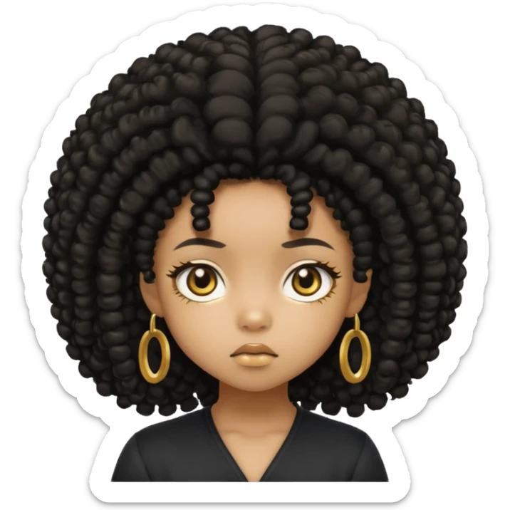 Create a black chibi girl with long afro hair and beautiful gold eyes give her a confusing expression  sticker