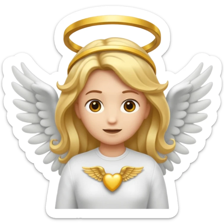 "Um emoji de anjo com cabelos loiros, um halo, asas, segurando um sinal de 'compartilhar' em letras em negrito." sticker