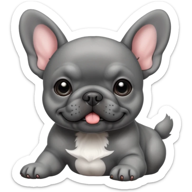 Gray French bulldog puppy, playing with a dark gray puppy sticker