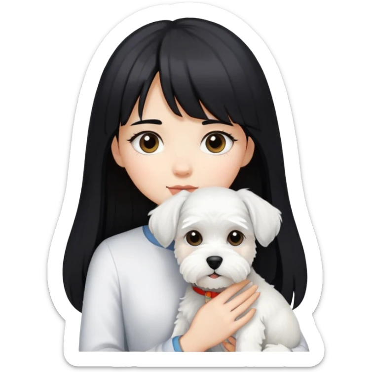 Girl with long black hair and bangs holding a white schnauzer dog sticker