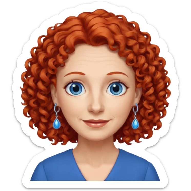 una profesora mayor simpática con el pelo rojo rizado, ojos azules, vestido azul y pendientes azules sticker