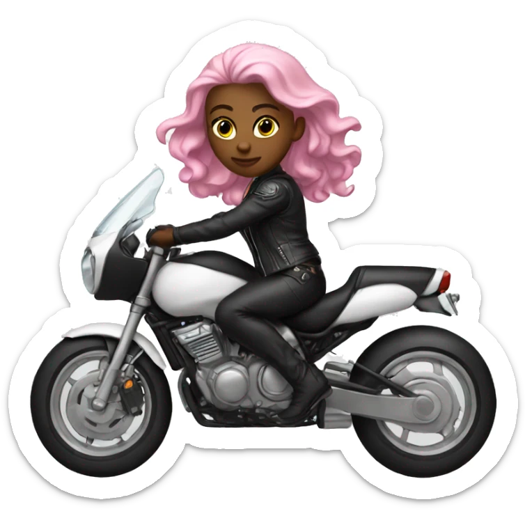A White Goddess, with Pink Hair Riding a Motorcycle, in Black leather outfit sticker
