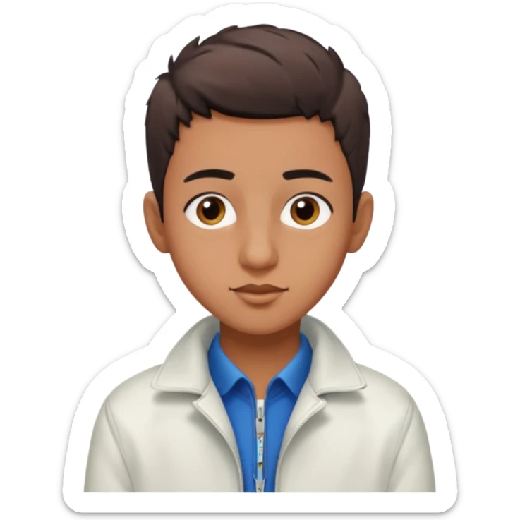 algerian teenage boy with very short gradient hair, brown eyes and long lashes, big nose and he is wear a white jacket sticker