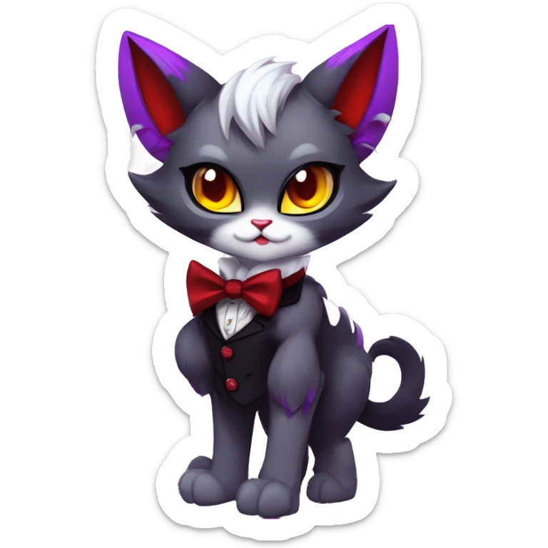 Anthro-Cute-Edgy-Vampiric-Batty-Cat-Black-Purple-Red-Grey-White-Yellow-Contrast-Colors-Fantasy-Fur-Sona-Chibi-Shiny-Fakémon-Hybrid with horns and big fangs collar bow ties leg spats full body sticker
