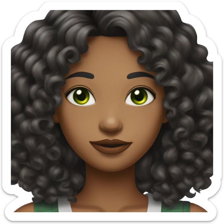 long curly black hair,eyes with a hint of green, eyes positive  canthal tilt ,medium thick shaped eyebrows , and medium thin lips, round face shape, soft jawline, full body, teen, sensual, american, woman, well defined feminine body sticker