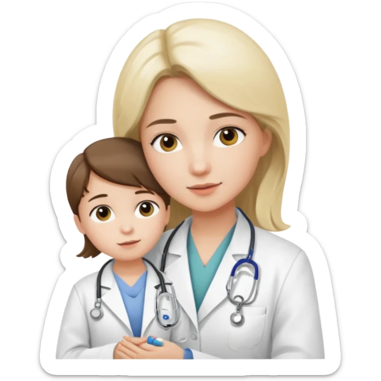 A young medic (woman) attending to a child patient at the local hospital sticker