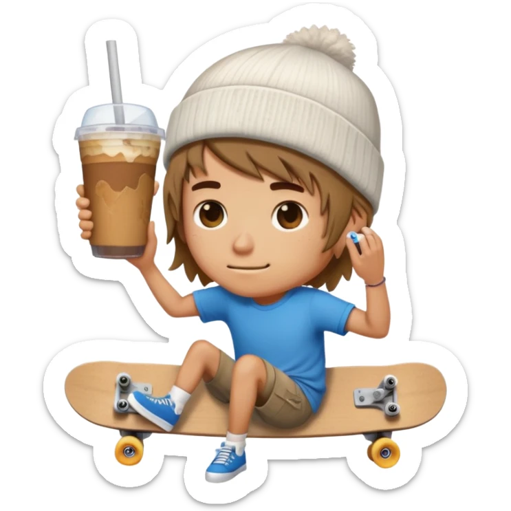 Skater Boi Boyfriend Emoji beanie, messy hair, bandaid, skateboard, iced coffee, chill eyes, sticker