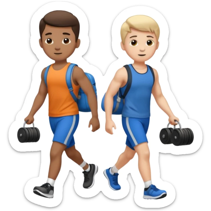 two boys walking, wearing gym clothes and carrying gym equipment, full body sticker