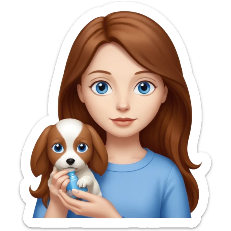 long hair chestnut color blue eyes woman holding small cream dog sticker