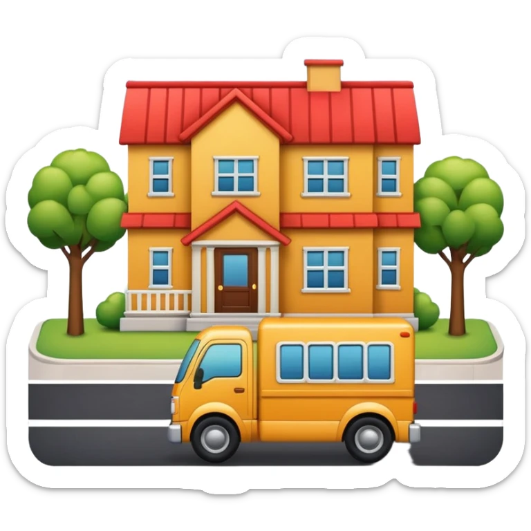 apple style emoji of a truck, package, house, and company building connected by street lines, clear layout, friendly look sticker