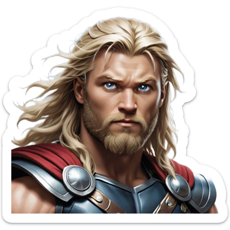 Cinematic Realistic Thor Portrait, depicted with lifelike skin texture and a commanding, muscular build that radiates divine strength. His piercing eyes, framed by rugged, flowing hair and a well-groomed beard, exude both determination and amiable authority. Clad in his signature armor with subtle hints of mystical lightning, the portrait is rendered in dynamic natural lighting with a radiant, heroic glow. sticker