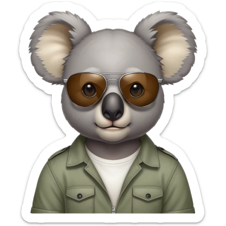 anthropomorphised koala, head and shoulders, casual clothing, dark sunglasses, fierce expression sticker