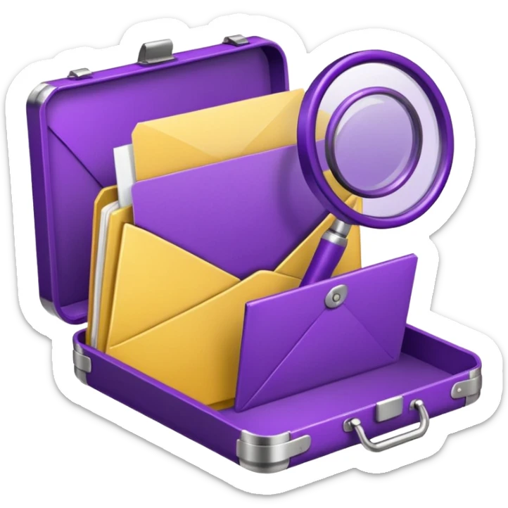 yellow (hex#FFD008) and purple (hex#8C52FF) emojis of a pin, a working case, a folder, a magnifier, an email, an envelope sticker