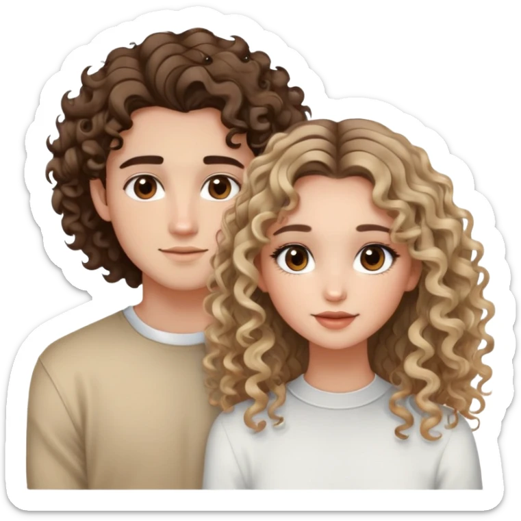 cute girl with curly/wavy balayage brunette hair, brown eyes, clean girl makeup, hoop earrings hanging out with her cute straight hair blondish boyfriend  sticker
