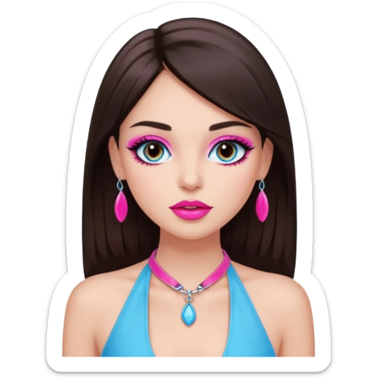 generate a pretty fair bratz girl with dark brown eyes, dark brown hair straight long. Wearing a hot pink halter neck top.  pink lipgloss. light blue eyeshadow sticker