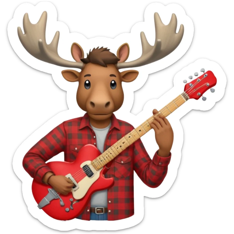  A man with the head of a moose playing a red electric guitar in Alaska sticker
