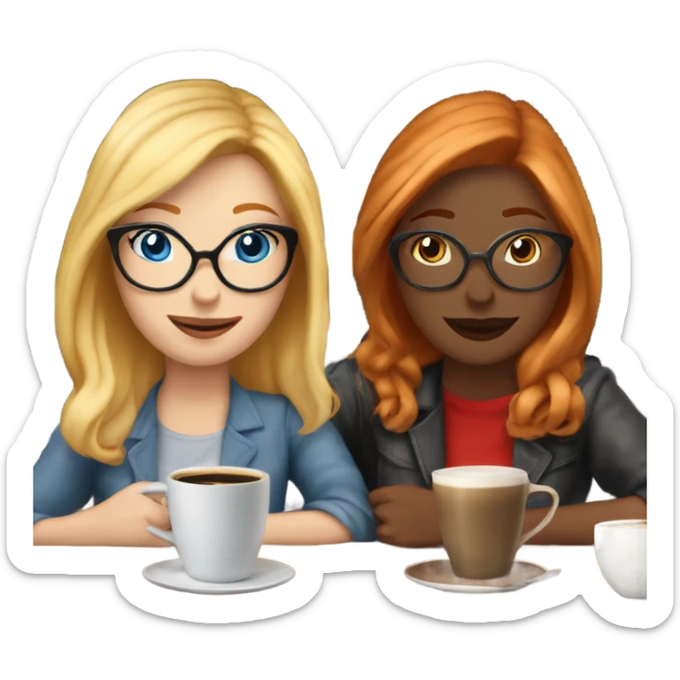 Two white girl friends one blonde in glasses blue eyes and one red headed with no glasses sitting in the coffee house drinking coffee sticker