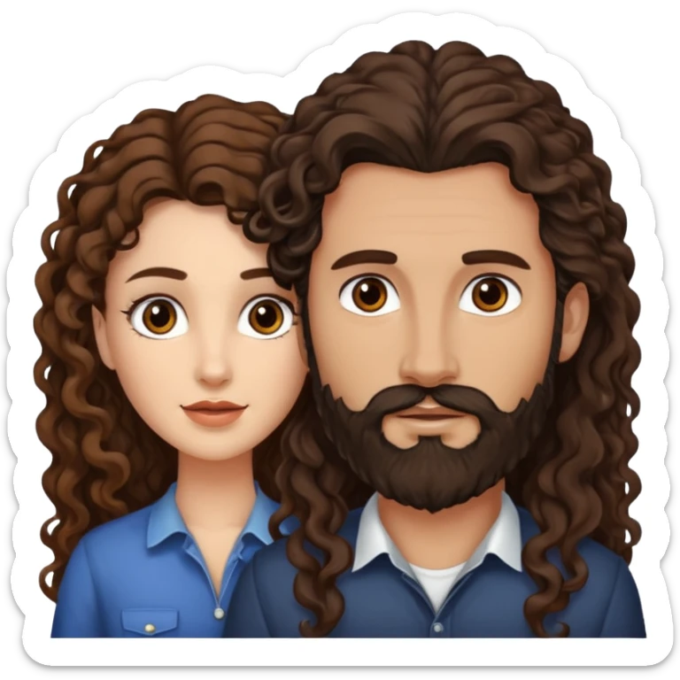 pareja de Mujer morena rizada cabello largo castaño ojos oscuros y hombre piel blanca con caballo oscuro con barba y ojos marrones sticker