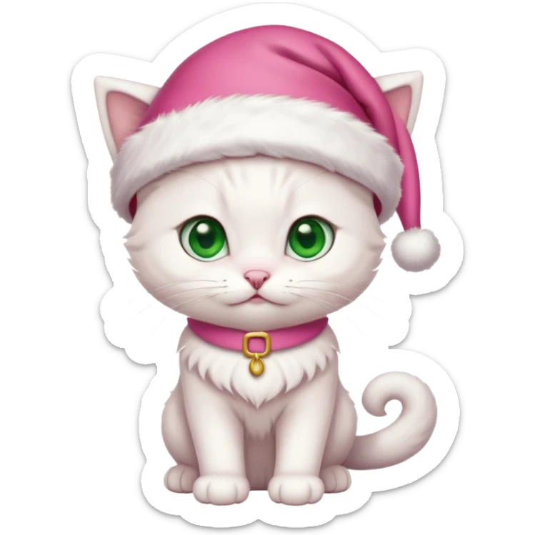 Cute White kitten with green eyes wearing pink Santa hat and pink Santa clothes sticker