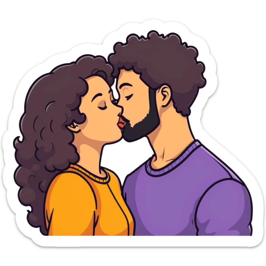 Curly haired girl kissing straight hair man with beard, romantic couple sticker