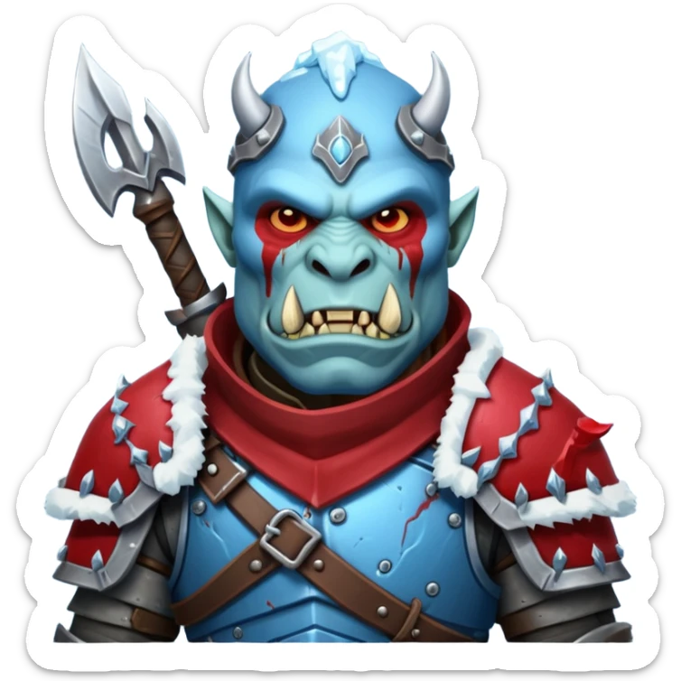 Fantasy Christmas orc legion soldier icon, iron tundra army theme, heavy winter armor, disciplined brutal look, cold steel armor cracked with frozen crimson lines, bloodfrost effect, icy blue and dark red color palette, minimal clean emoji style sticker