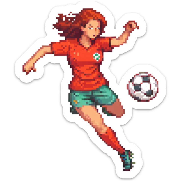 woman playing soccer, wearing a red shirt, energetic pose, clear soccer ball, dynamic action sticker