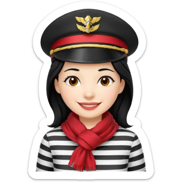 marinera de pelo negro piel blanca con camisa a rayas blanco y negro y pañuelo rojo y gorra de capitana y sonrisa de china sticker