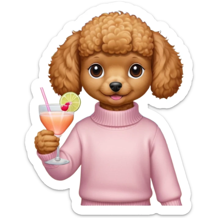 Toy poodle, ginger/brown wearing a cream pink jumper, with a cocktail by the beach ￼ sticker
