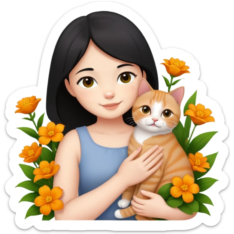 A black-haired girl happily holds a Ginger British Shorthair Cat in the flowers sticker