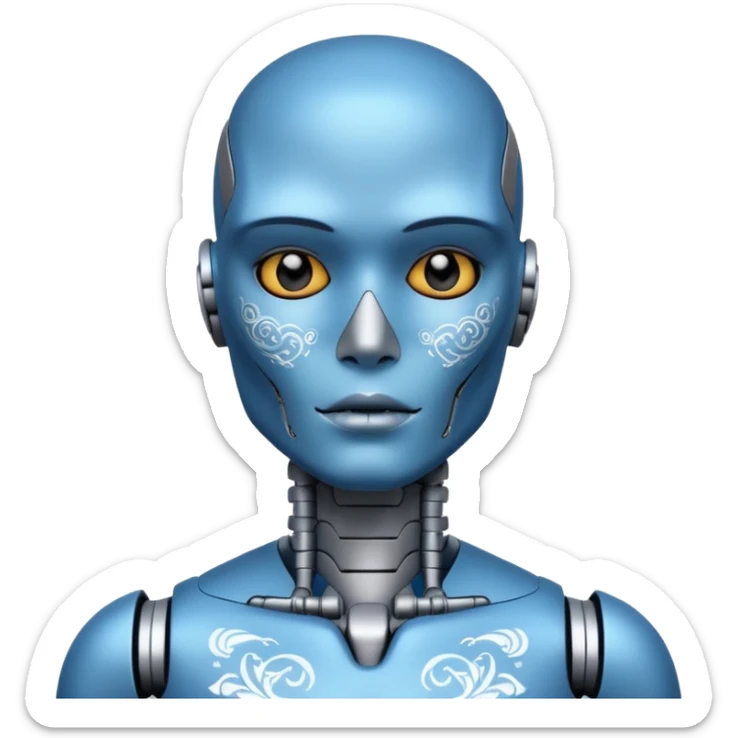 blue Tatooed robot, big many tatooes on chest, neck and face, white tatoo on face sticker