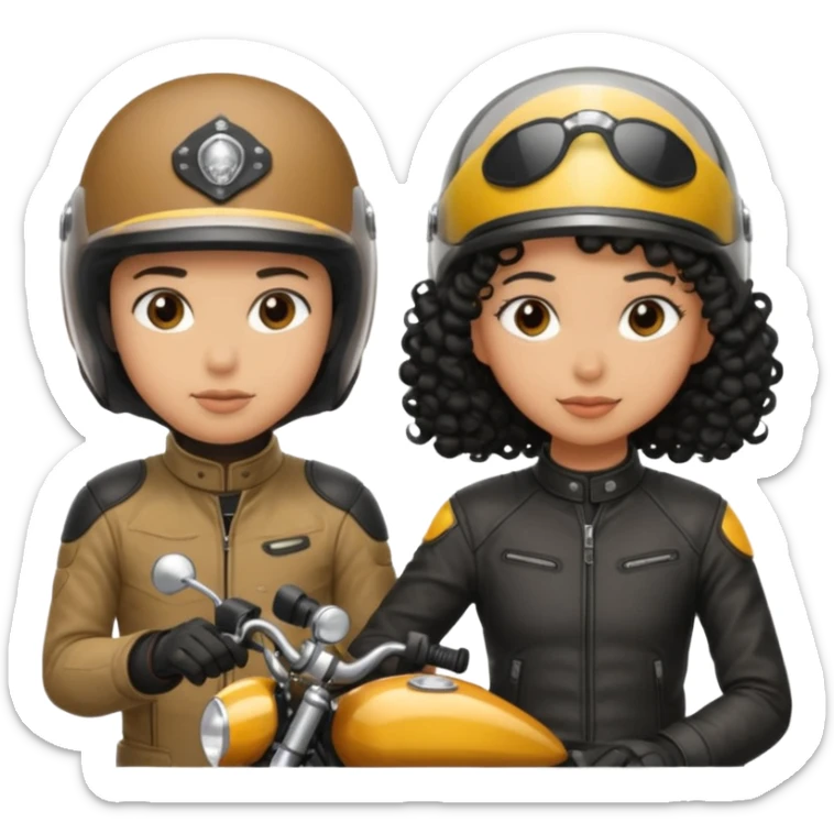 A man motorcyclist and a shorter girl with curly black hair, facing each other. sticker
