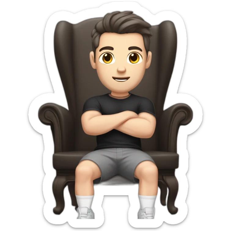 Pale skinned Fit Man With the biceps and dark brown hair in black shirt, gray sports shorts and white Sneakers Sitting on a chair sticker
