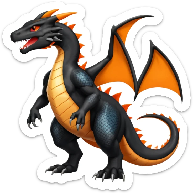 Shiny Black Koraidon-Charizard-Salandit-Fakémon-hybrid-creature (full body) with orange belly sticker