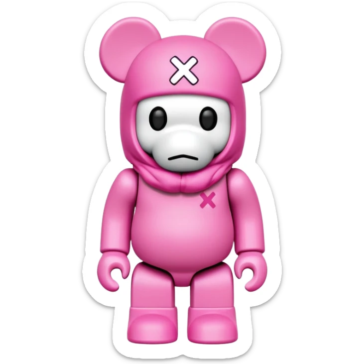 Bearbrick figure with KAWS X eyes wearing a pink balaclava, simplified toy bear shape with articulated limbs sticker