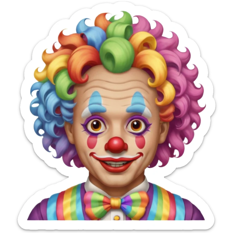 Middle-age man with Curly rainbow hair of clown — soft pastel curls tied high sticker
