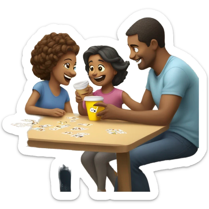 An emoji of a family—mother, father, and child—sitting at a table, playing a cup game with paper cups arranged on the table as they have fun together sticker