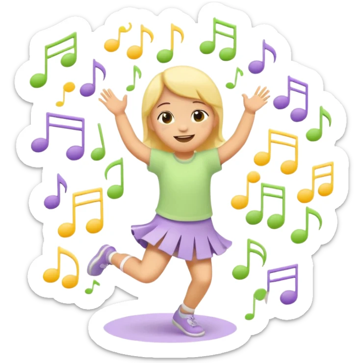Flat illustration emoji of a small child dancing or moving joyfully to music, musical notes floating around, smiling expression, soft pastel colors (yellow, lavender, light green), rounded shapes, minimal details, child-friendly, warm and playful style sticker